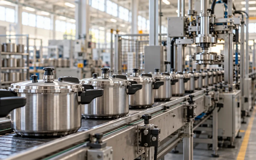 Ligne de production de cocottes-minute en acier inoxydable dans un atelier lumineux