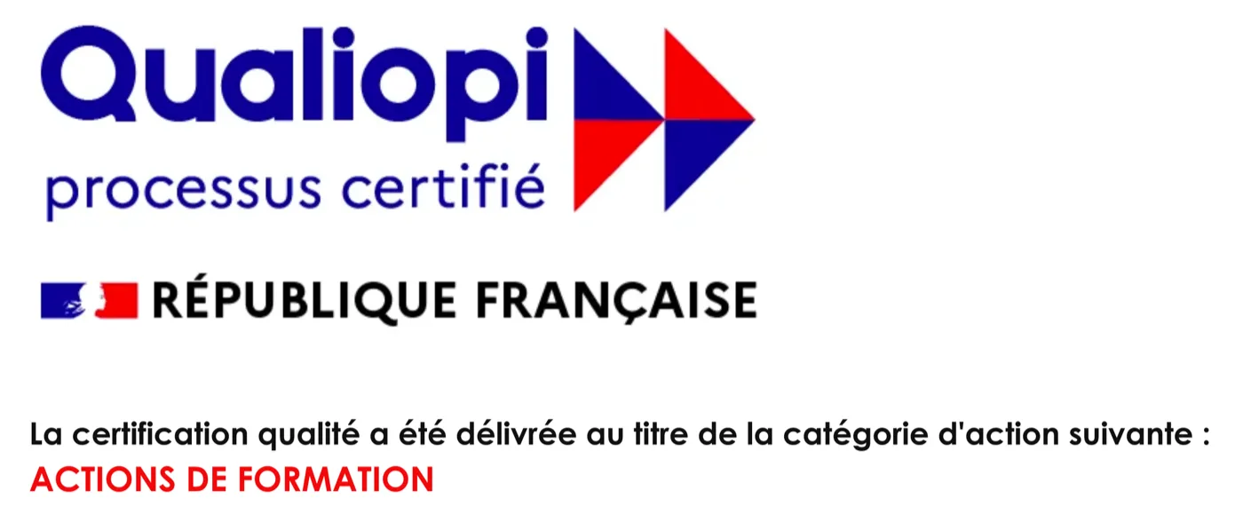 Logo Qualiopi processus certifié, République française, catégorie Actions de formation