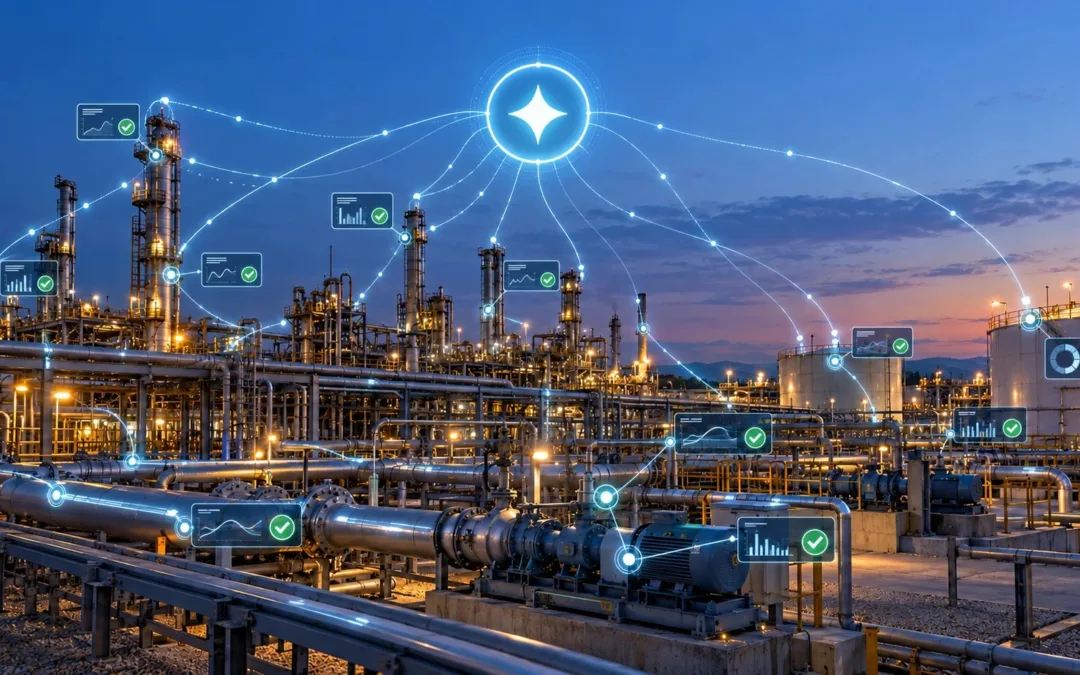Raffinerie au crépuscule, reliée par un réseau lumineux à un symbole d’intelligence artificielle qui analyse les équipements